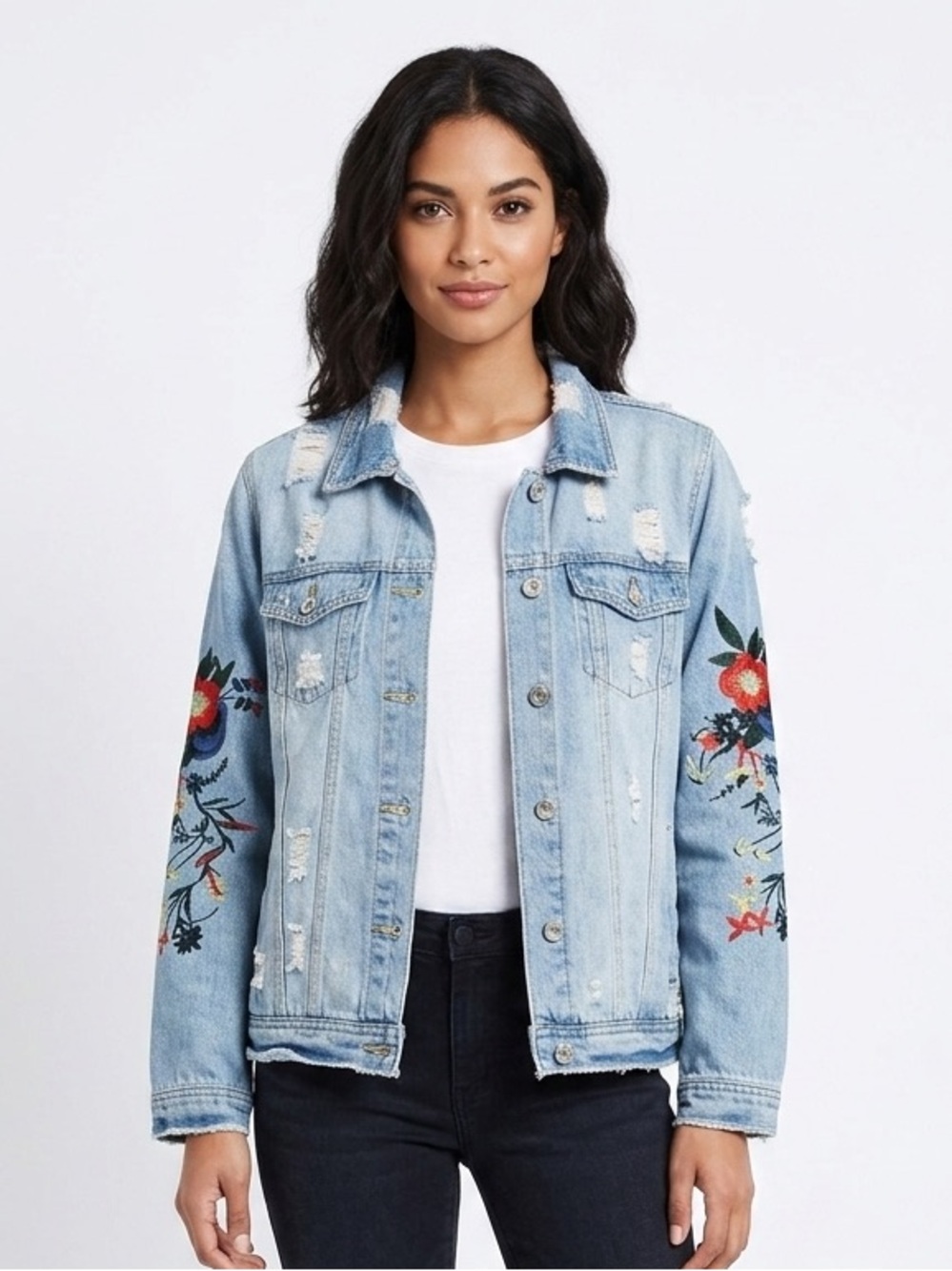 Cavallini Embroidered Denim Jacket Distressed Floral Sleeves Light Wash Size XL